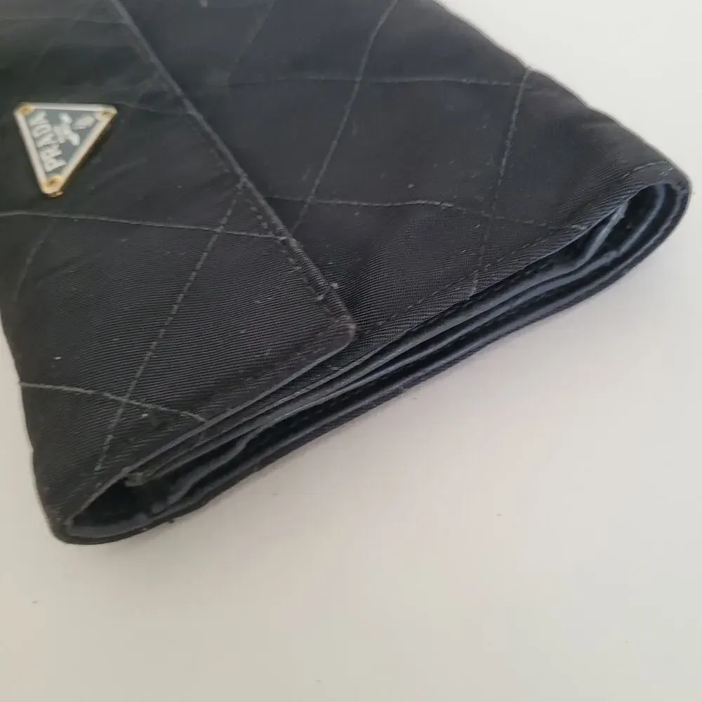 Prada Milano Black Quilted Nylon &‎ Leather Bifold Wallet Gold Logo Snap Closure